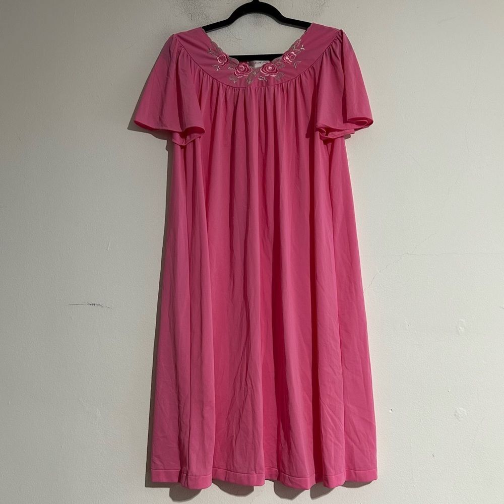 Vintage Shadowline Rose Embroidered Pink Night Gown Dress Cottage Coquette